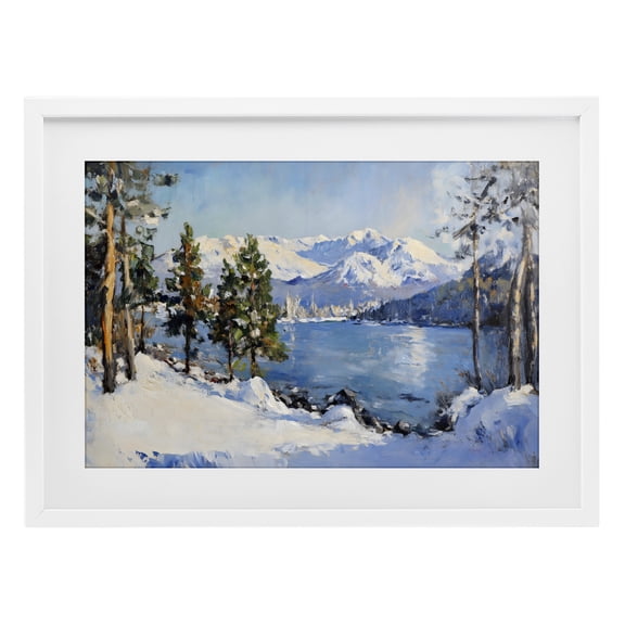 Winter Mountain Lake White Framed Print Under Glass, design by Petal Prints Design