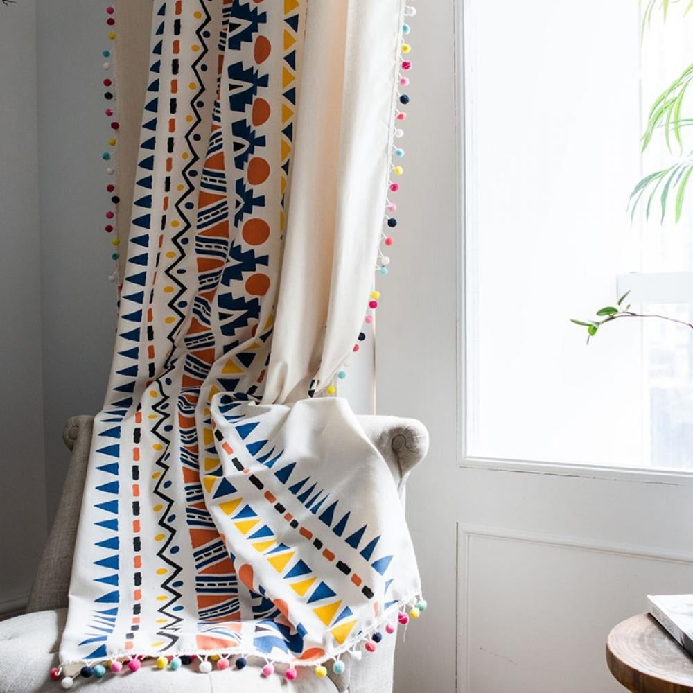 Boho Curtains for Bedroom 78-Inch Modern Farmhouse Cotton Linen Print Colorful Tassel Window Curtain Panels Semi-Transparent Geometric Trellis Draperies Living Room Decor