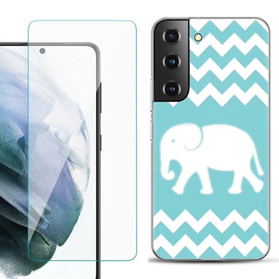 Slim-Fit TPU Fashion Phone Case for Samsung Galaxy S22 5G, with Tempered Glass Screen Protector, by OneToughShield ® - Chevron/Elephant