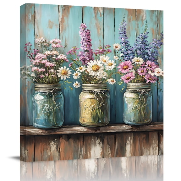 Daisy Lavender Flowers Canvas Artwork Painting Art, Blue Retro Wood Background Square Framed Wall Decorations Prints Picture for Bedroom Kitchen Living Room, 16x16 in
