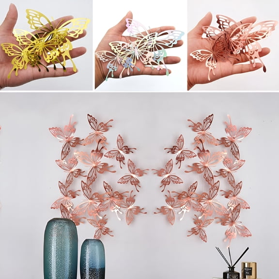 LAMIRO 12pcs Butterfly Wall Stickers 3D Paper Decals Room Decorations Decor rose gold