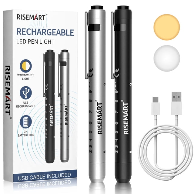 RISEMART Pen Light for Nurse, 2Packs Rechargeable LED Medical Pen Light, Warm&Cool White Light, Portable Medical PenLight for Nurse, Doctor, First Ai