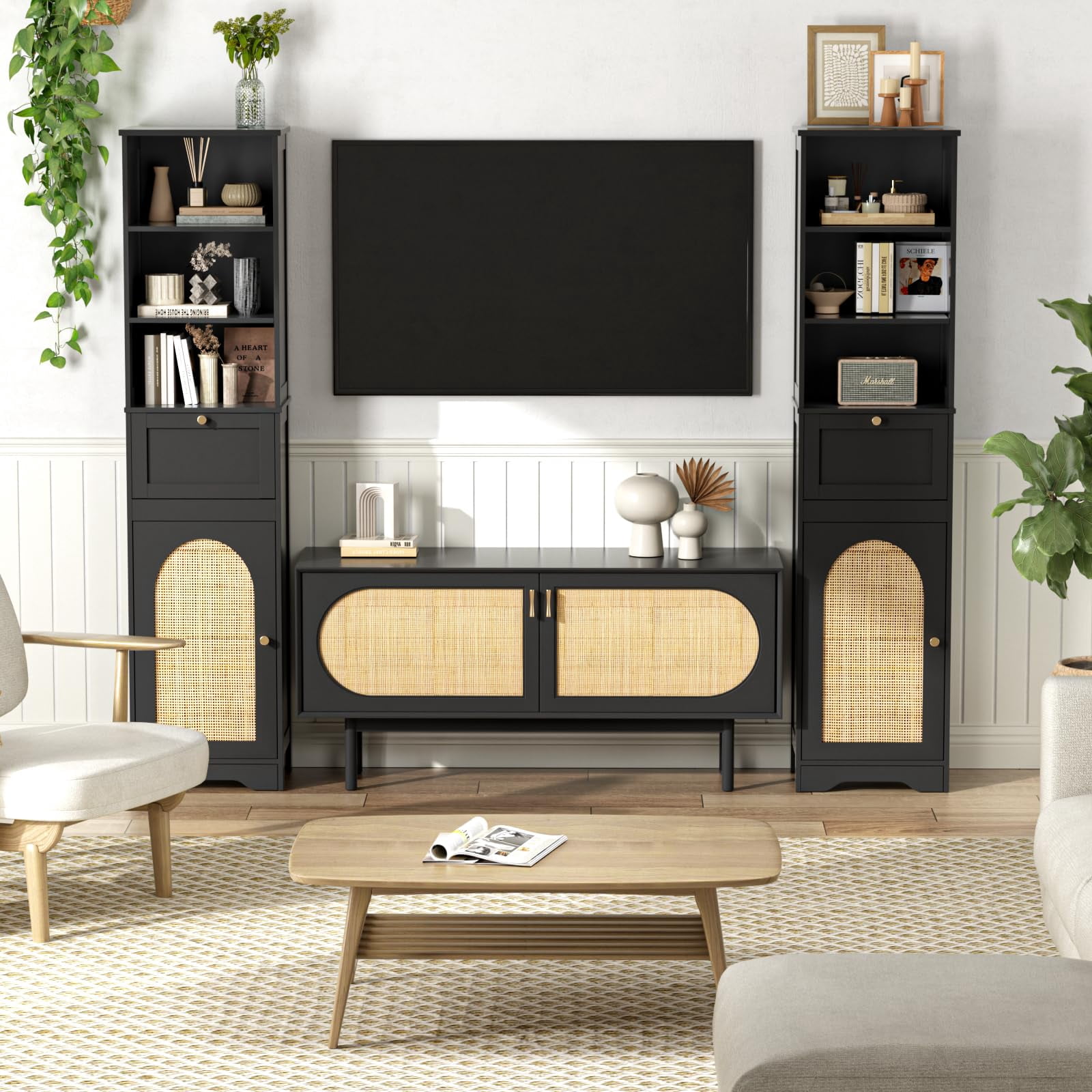Vabches 67"Tall Narrow Bathroom Storage Cabinet, Linen Cabinet with Rattan Doors, Drawer & Adjustable Shelves
