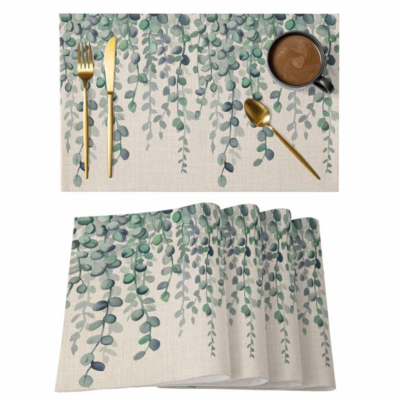 Placemats Set of 4, Teal Green Eucalyptus Leaves Woven Placemat, Linen Place Mats for Kitchen/Dining Tables, Spring Plants Country Beige Washable Table Mats for Party