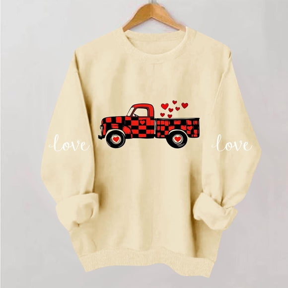 Mceream Women Love Heart Valentines Sweatshirt Trendy Long Sleeve Shirts Valentine Pullover Tees Casual Tops Plus Size Clothes Beige M