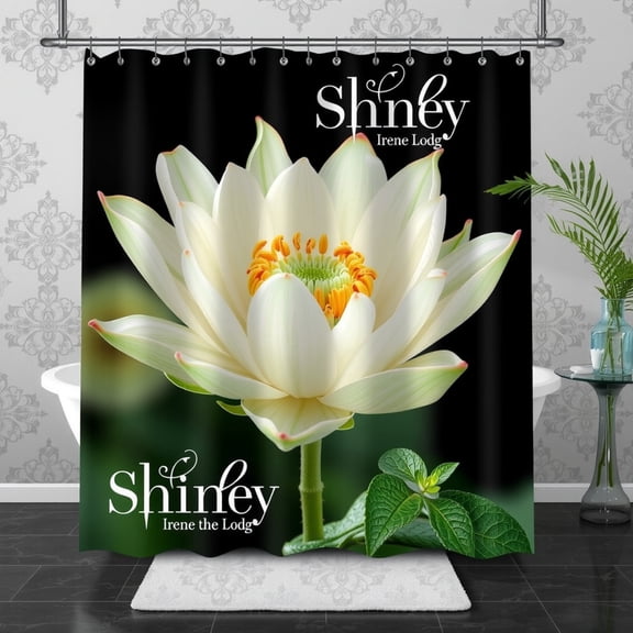 Shine White Water Lily Shower Curtain by Irene Lodge - Elegant Floral Design on Black Background