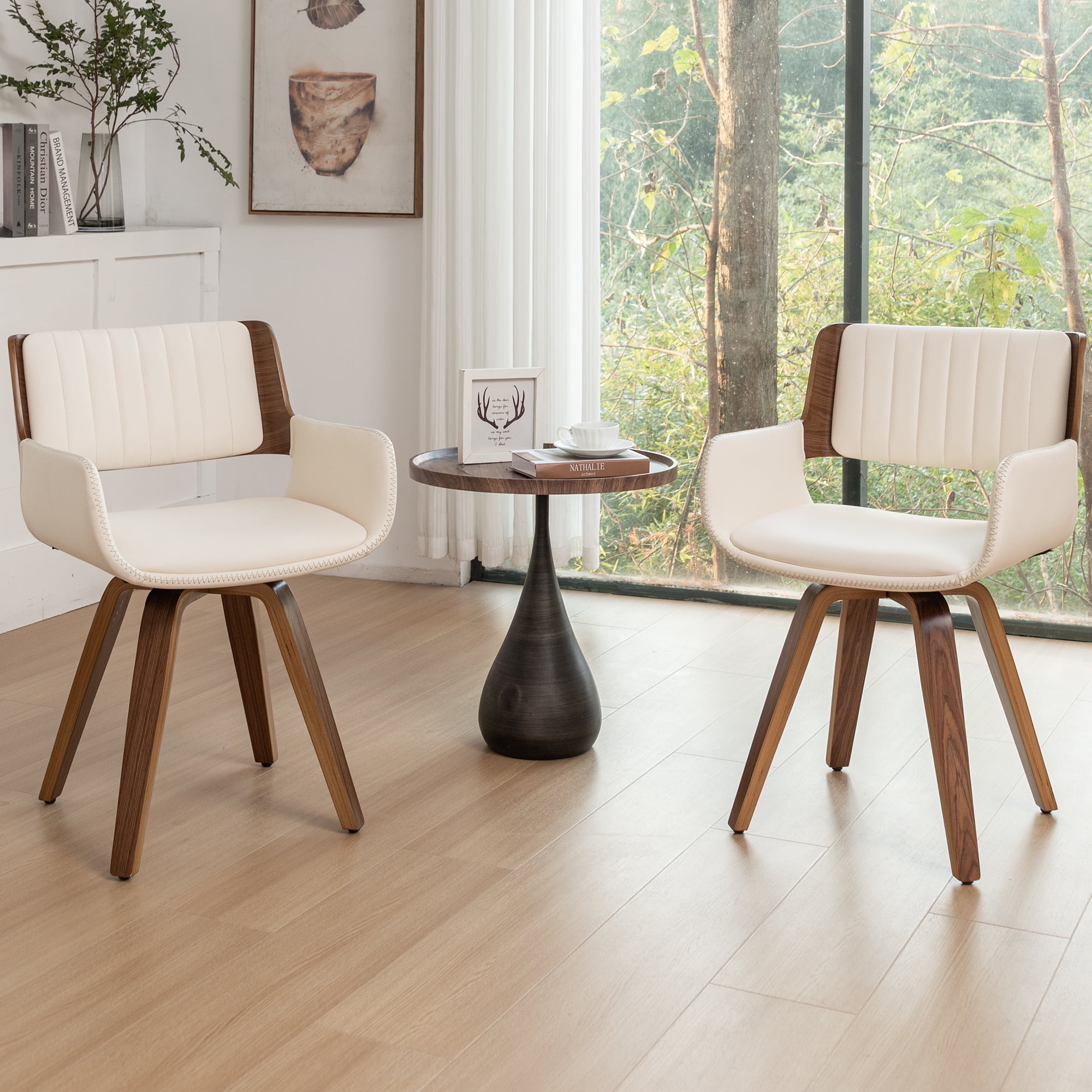 FOWEOAIU Modern Dining Chairs,Leather Upholstered Walnut Wood With rotation Kitchen Dining Chairs , Beige (Set of 2)