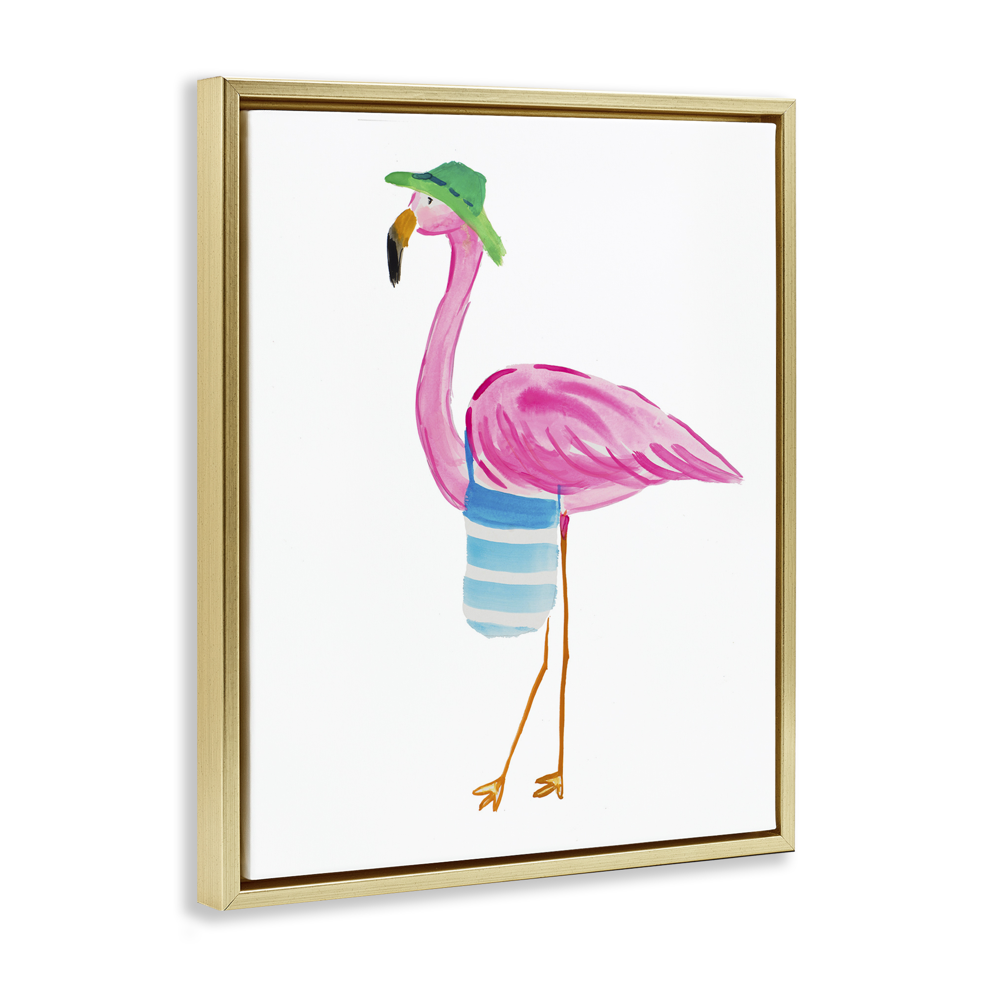 Stupell Industries Flamingo with Beach Tote Animals & Insects Painting Gold Floater Framed Canvas Art Print Wall Art, 25 x 31