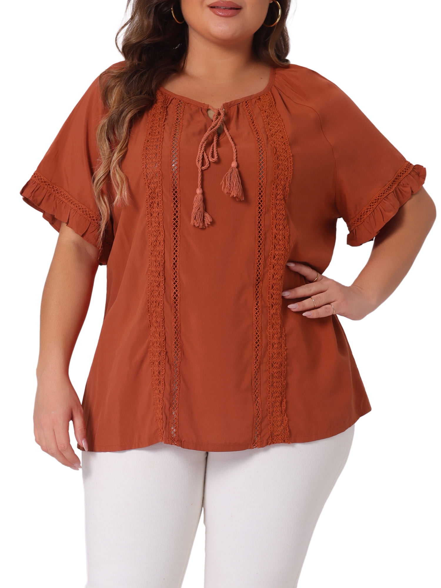 DARING DIVA Women's Plus Tie Neck Ruffle Short Sleeves Blouse 1X Caramel
