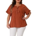 thumbnail image 2 of DARING DIVA Women's Plus Tie Neck Ruffle Short Sleeves Blouse 1X Caramel, 2 of 6