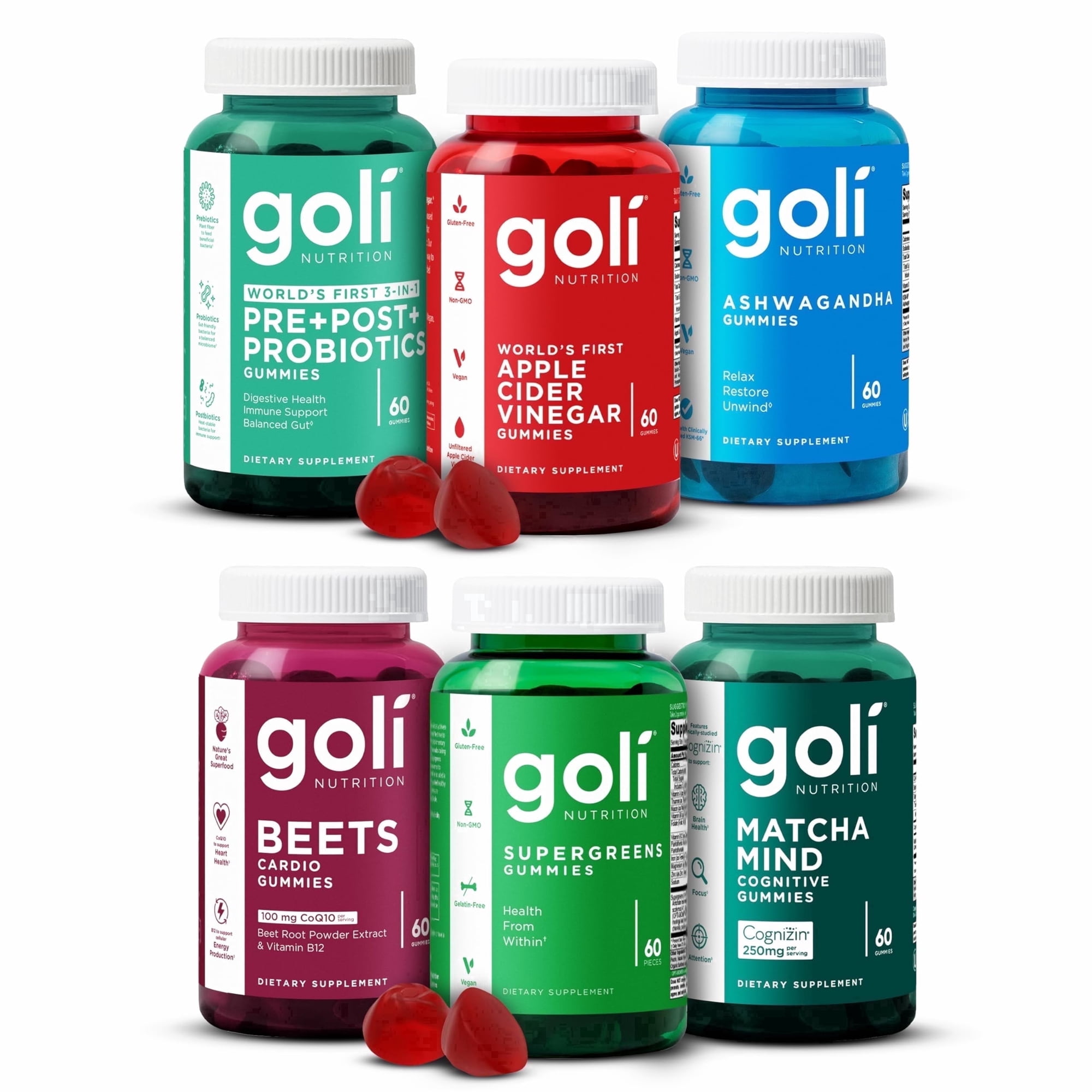 Goli Ultimate Wellness 6 pack Gummies, Apple Cider Vinegar, Ashwagandha, Beets, Supergreens, Matcha Mind & 3-in-1 Pre+Post+Probiotics, 360 Ct