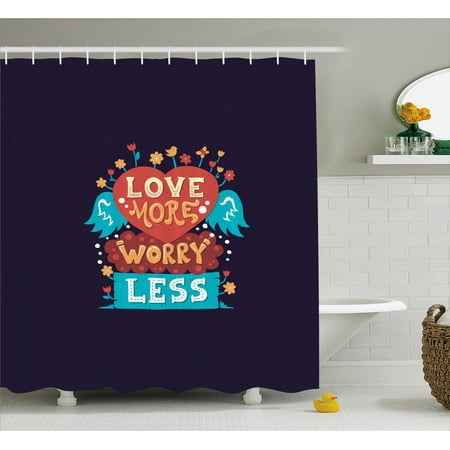 Shower Curtains For Less Love Shower Curtain, Love More Worry Less Heart Shape with Blooming Flowers Cute Bird and Angelic Wings, Fabric Bathroom Set with Hooks, 69W X 70L Inches, Multicolor, by Ambesonne ()