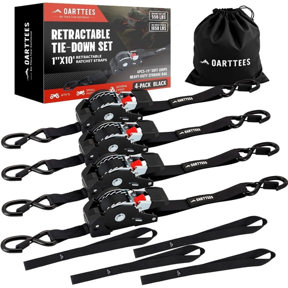 Retractable Ratchet Straps (4-Pack) - 1 Inch x 10 Feet (1,650lb Break Strength) - Heavy Duty Auto Self Retracting Tie Down Straps for Truck, Cargo Trailer, Motorcycle, ATV, UTV - Black