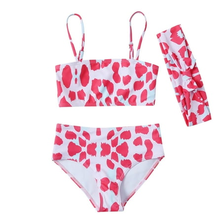 

Lovely Casual Swimwear For Children Girls Leopard Printed Sleeveless Summer 3PCS Headband Beachwear Sport Bikini Bathing Suits