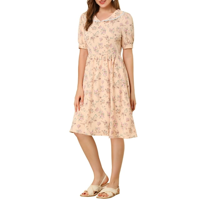 INSPIRE CHIC Vestido Midi Floral de Manga Abullonada con Cuello Peter Pan y Cintura Alta para Mujeres en Rosa