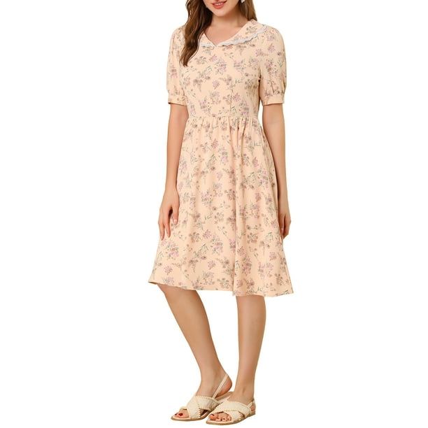 INSPIRE CHIC Vestido Midi Floral de Manga Abullonada con Cuello Peter Pan y Cintura Alta para Mujeres XL Rosa