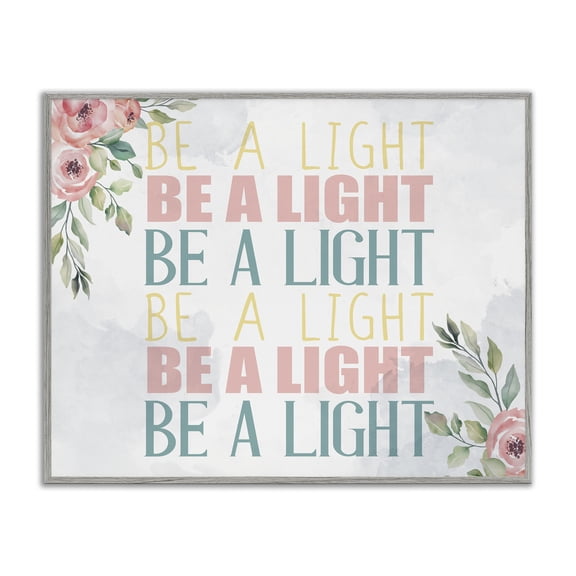 Stupell Industries Farmhouse Be A Light Repeated Typography Florals Gray Framed Giclee Art, 14 x 11, by Kim Allen