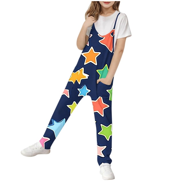 Odeerbi 5-14 Años de Chicas Jumpsuit de Verano Camisola Estampada de Estampado Spring Casual Casual Transpirable Correa Correa Babero Pantalón En General Playsuit