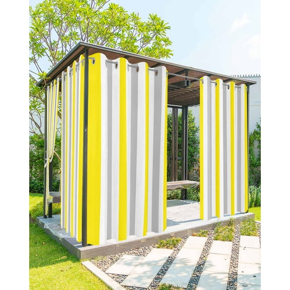 Outdoor Curtains for Patio, Yellow Stripe Waterproof Blackout Outside Curtain for Porch/Pergola/Gazebo, Geometric Grey White Vertical Striped Thermal Insulated Drapes, 2 Panels, 54 x 108 Inch