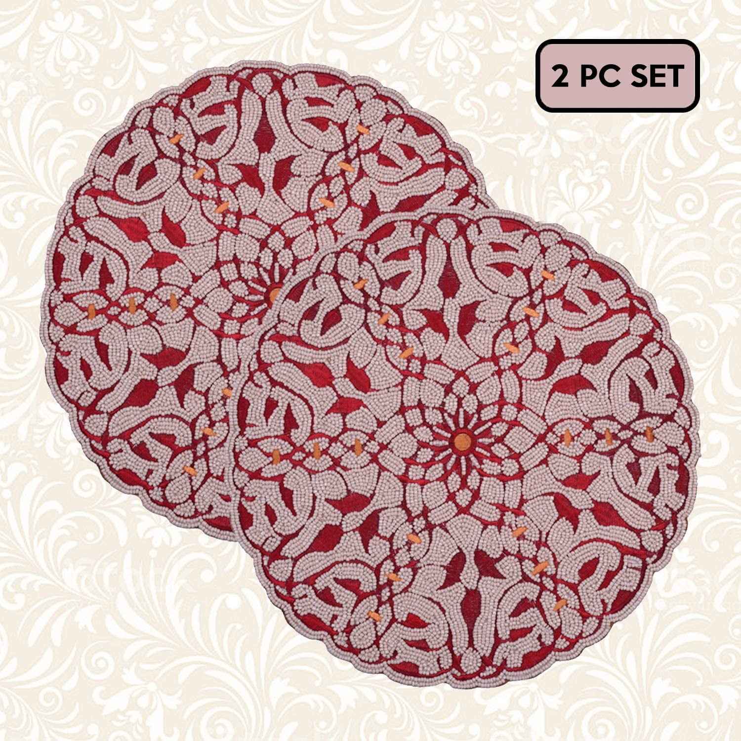 Decozen Embroidered Beaded Placemat 14" Round Set of 2 Pcs Ivory