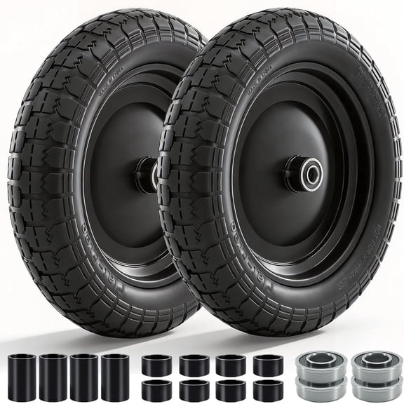 4.80/4.00-8 Tire and Wheel, Wheelbarrow Tire Flat Free with 5/8” Extra 3/4” Bearings, 3”-7” Centered Hub, 14.5” Solid Wheelbarrow Tires for Garden Cart, Dolly (2 Pack)