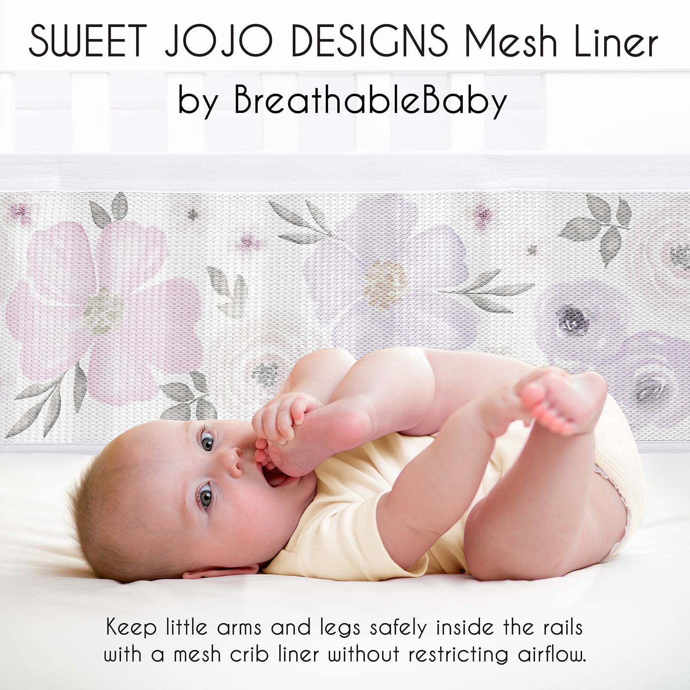 Sweet Jojo Designs + BreathableBaby Watercolor Floral Purple Pink and Grey Breathable Mesh Crib Liner Pad