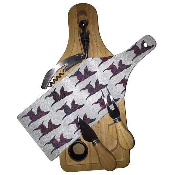 KuzmarK Wine & Cheese Glass Cutting Board Wood Box Gift Set - Chihuahua Dog Camoflauge