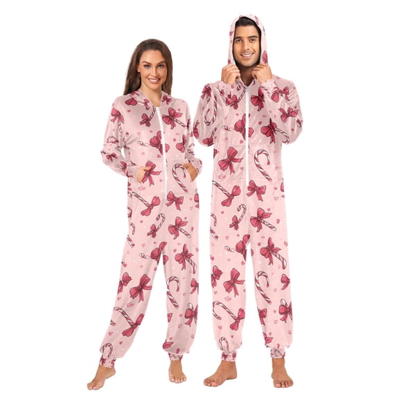 Adult Christmas Onesie Christmas Candy Canes and Bows Zipper One-Piece Pajamas Unisex with Pockets