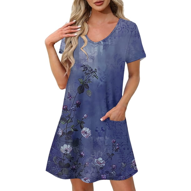 Vestido Corto de Verano Moda Gradiente Corto de Manga en V Cuello Vestido Casual, Poliéster Ligero de Verano, Lavado de Manos
