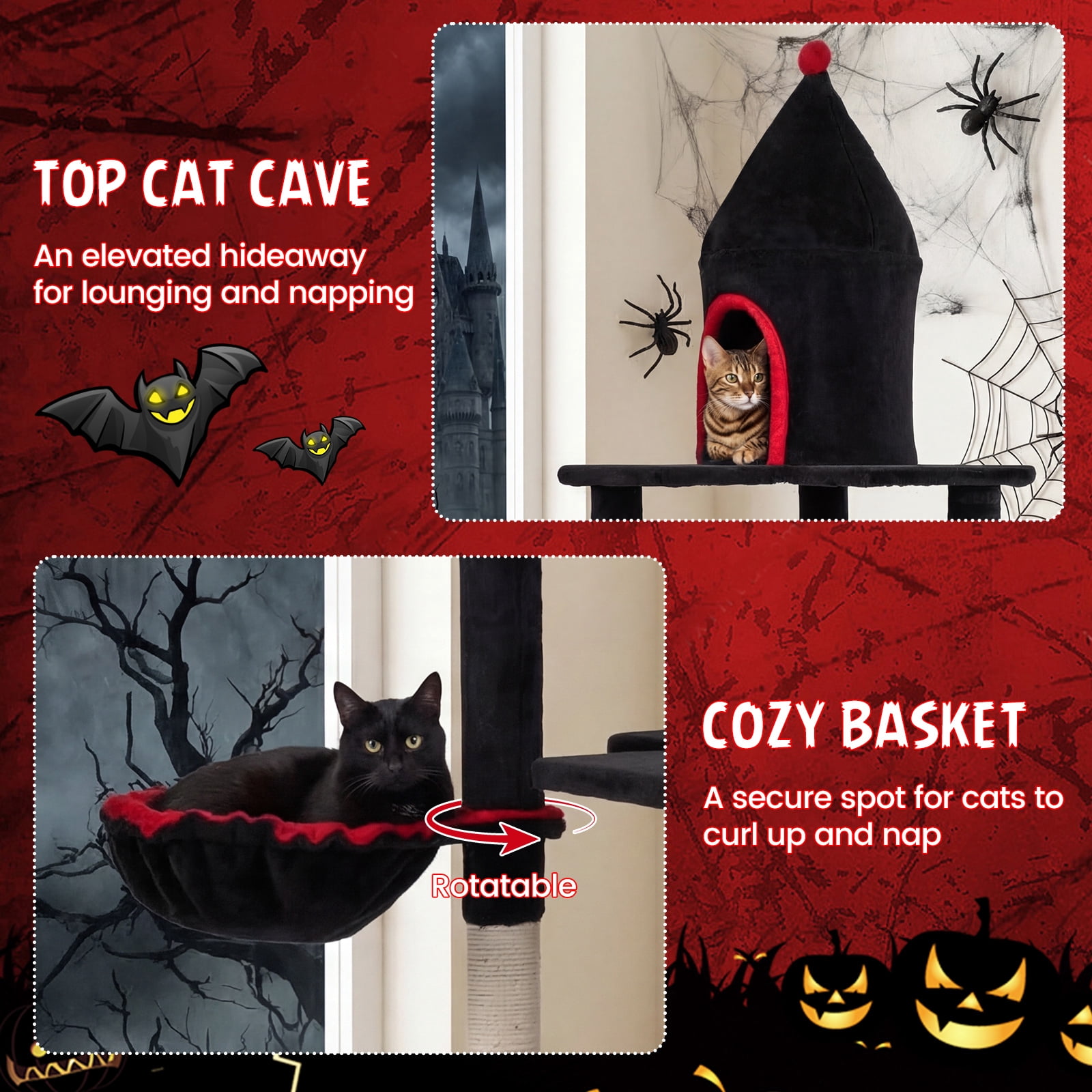 Gymax 63'' Gothic Cat Tree w/ Condo Top Cave Sisal Scratching PostsBat Hanging Toy