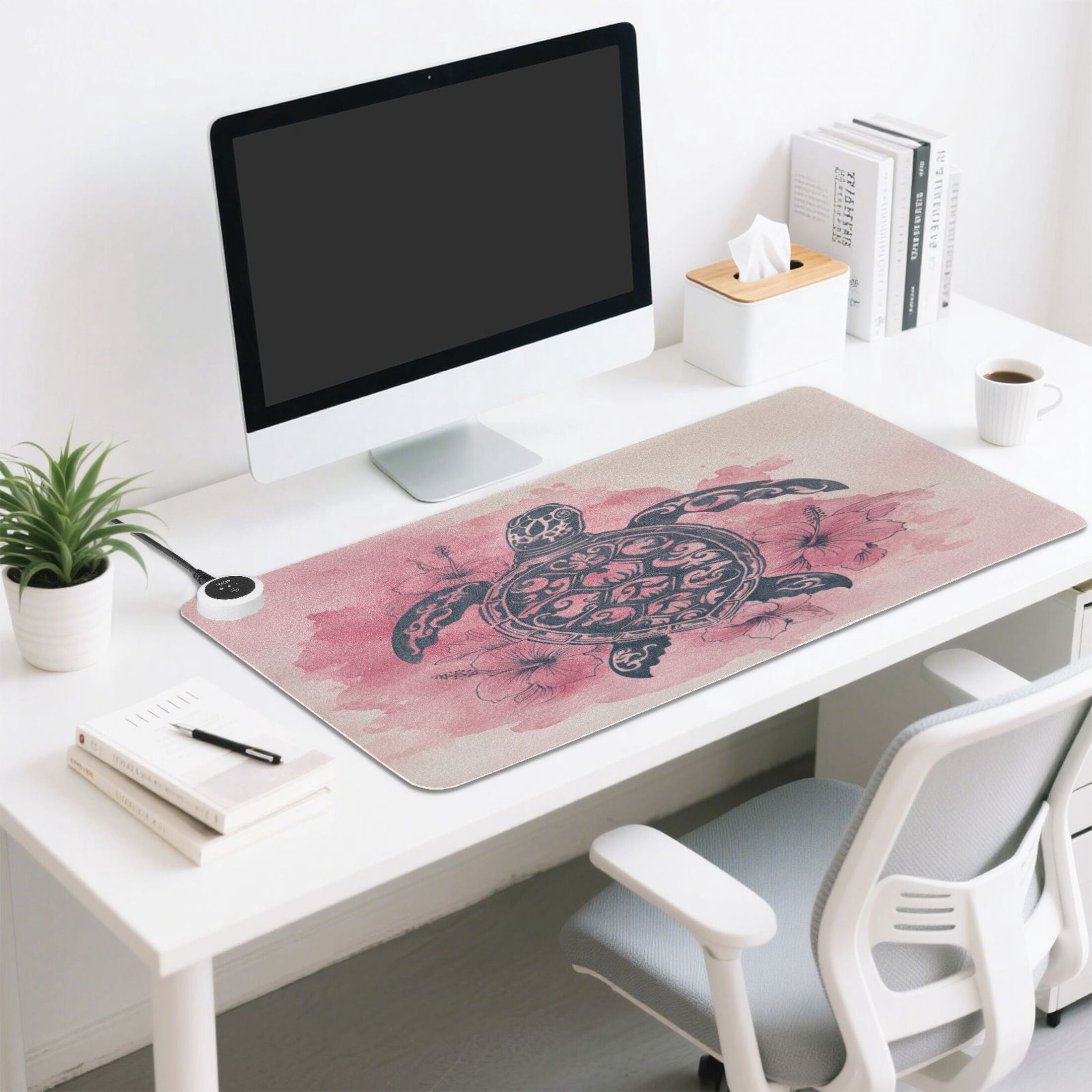 Large Heated Desk Mat Mouse Pad 31.5"x13"PU Leather Graphene Heating Desk Warmer with 3 Temperature Settings 110V US Plug Non-Slip Warm Pad for Home, Office, and Gaming Sea Turtle Print Pattern