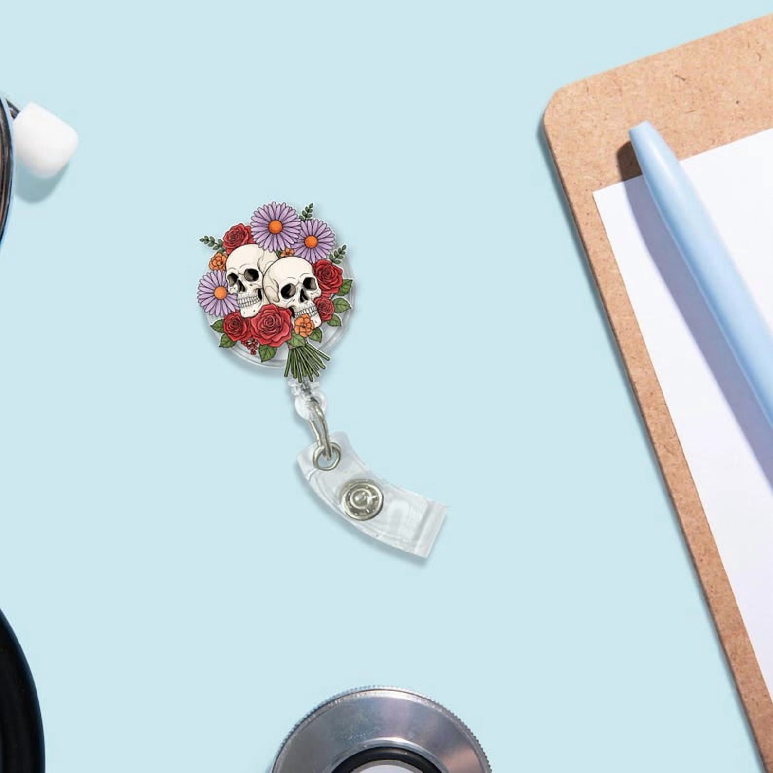 TiniDecor Skull and Flower Badge Reel, Gothic Floral Retractable ID Holder, Cute Gift for Nurses & Halloween Lovers