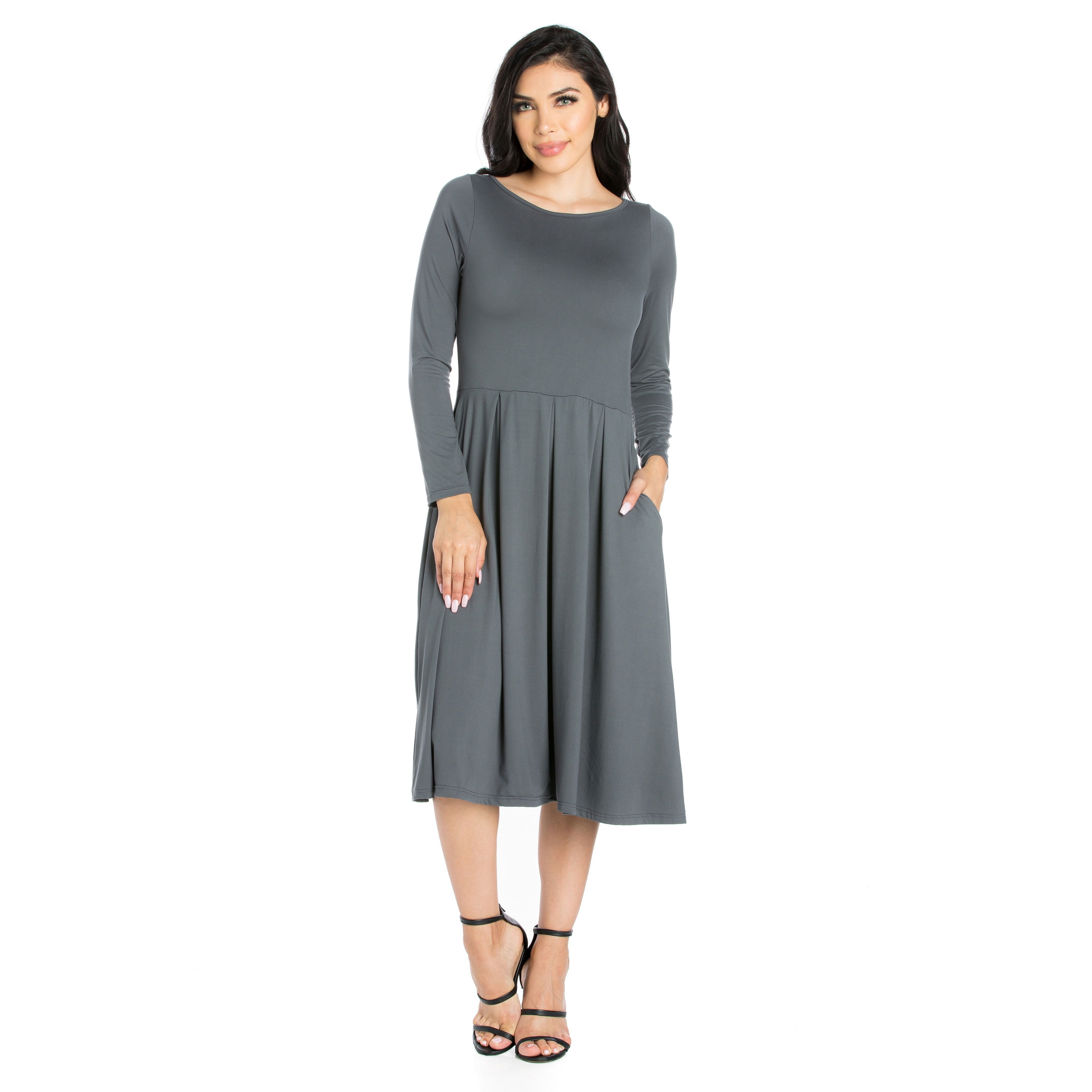 24seven Comfort Apparel Long Sleeve Fit and Flare Midi Dress | S