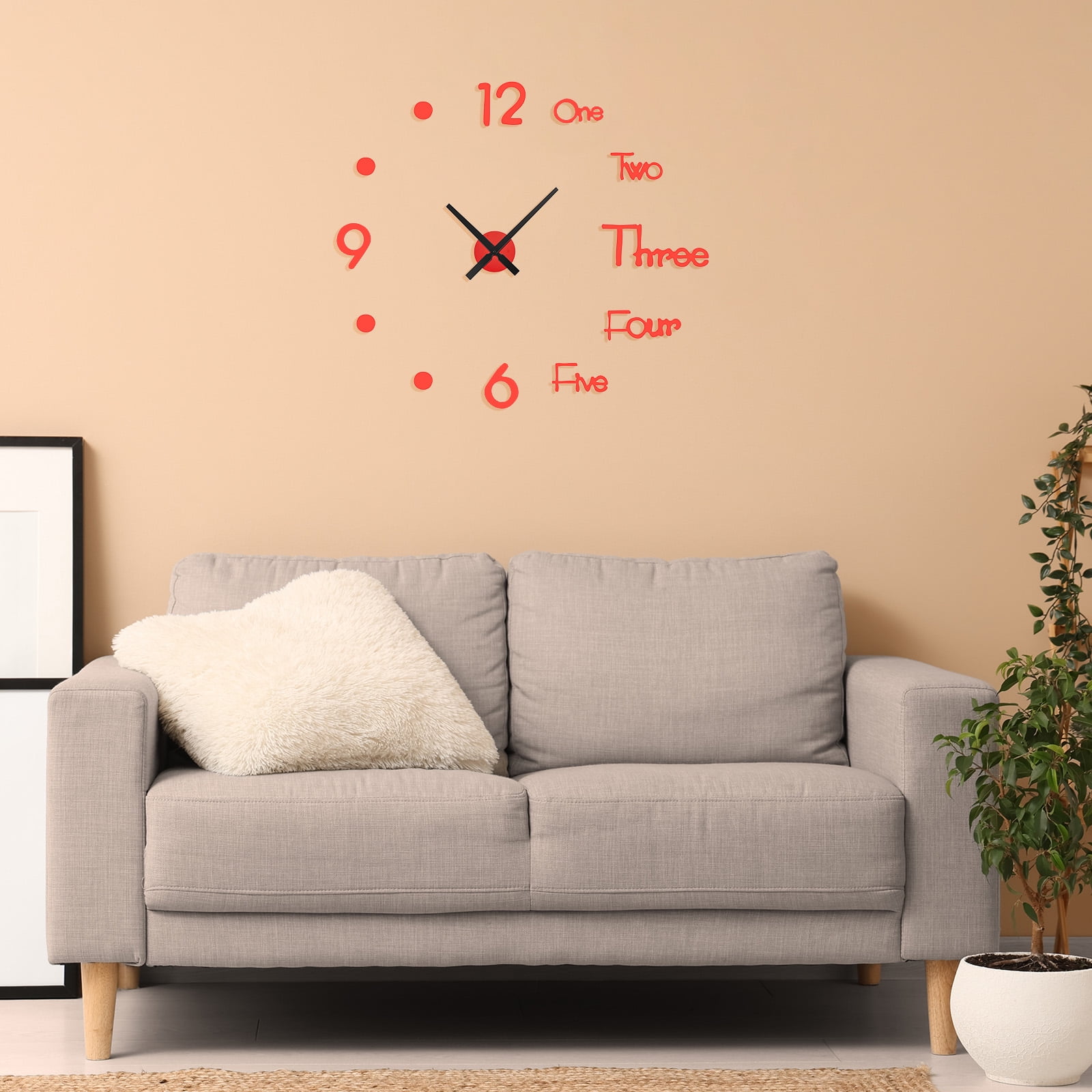 Uxcell Modern 3D Wall Clock, DIY Large Wall Watch with Number Stickers Room Decor, Medium Size, Red