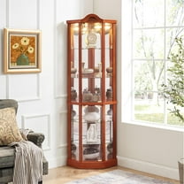 71" H Lighted Curio Cabinet Corner Display Case, Corner Glass Cabinets w/Tempered Glass Door & Adjustable Shelves, Carved Crown Decoration Wooden Cabinet w/Mirrored Back Pane (Oak)