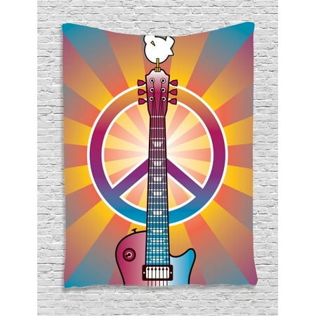 - 1960S Decor Wall Hanging Tapestry, Colorful Illustration Of Guitar Peace Symbol And Dove Dedicated To The Woodstock Artsy Tribute, Bedroom Living Room Dorm Accessories, By Ambesonne