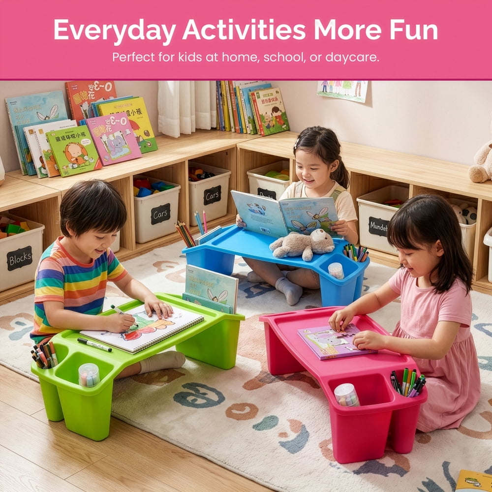 Basicwise Pink Activity Desk Table with Built-In Cup Holder and Storage Compartments, Multipurpose Lap Tray for Home Learning, Art Activities, Snack Time, Reading, Floor-Based Tasks