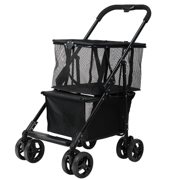 Black 2-Tier Folding Shopping Cart with Removable Shopping Bag & Brake Wheels
