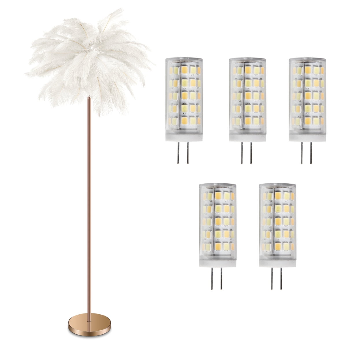 Feather Floor Lamp for Living Room, Fluffy Ostrich Feathers Lamp, Rose Gold Color Body with 5 standard G4 Bulbs - White