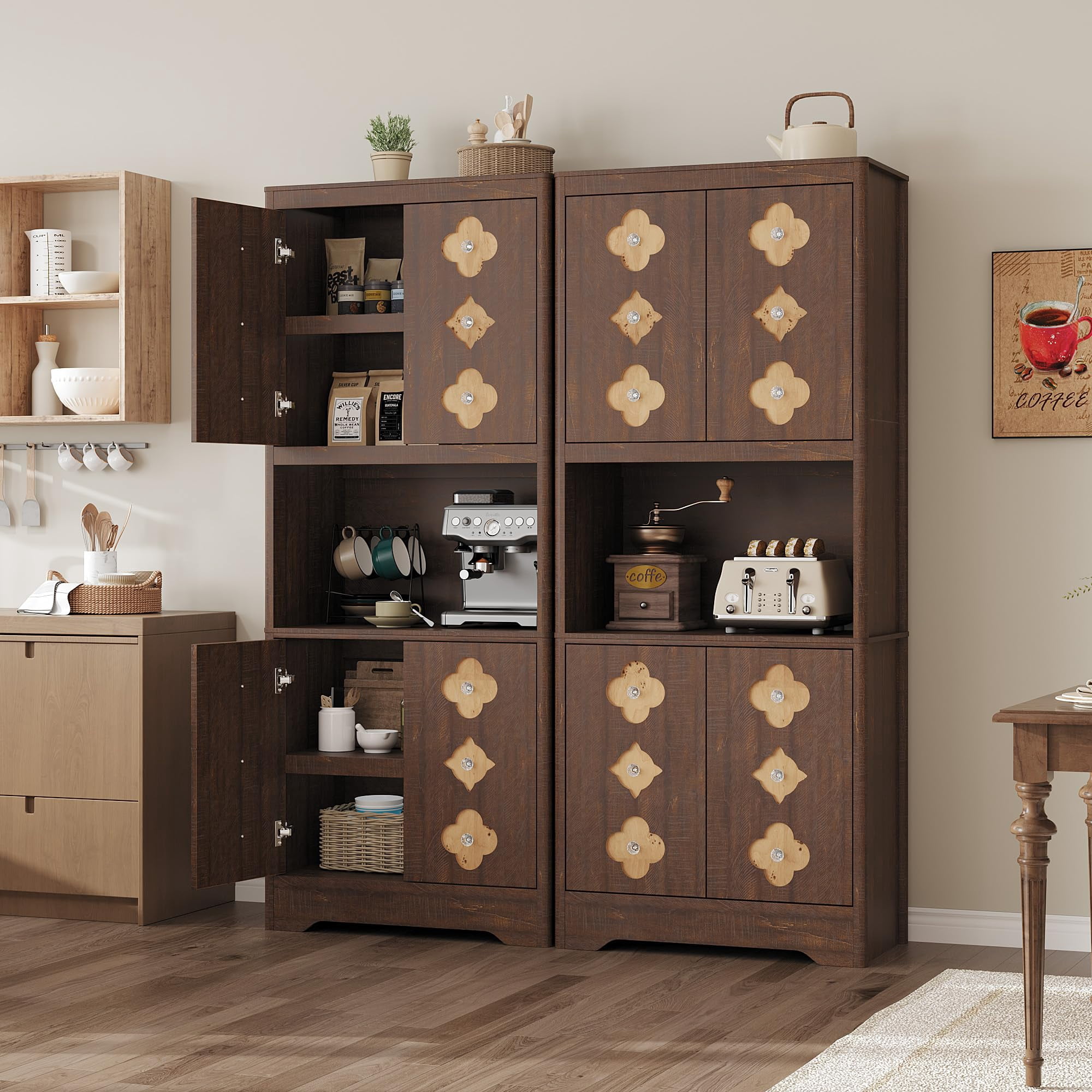 Kitchen Pantry Cabinet, 72" Tall Storage Cabinet with Countertop, Freestanding Wooden Hutch Cupboard with Carved Door & Crystal Handle, for Dining Room, Living Room