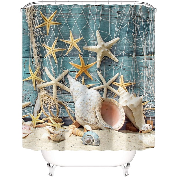 Cortina de ducha con diseño de estrellas de mar y playa, con ganchos, kit de cortina de ducha, cortina de ducha sin perforaciones, impermeable