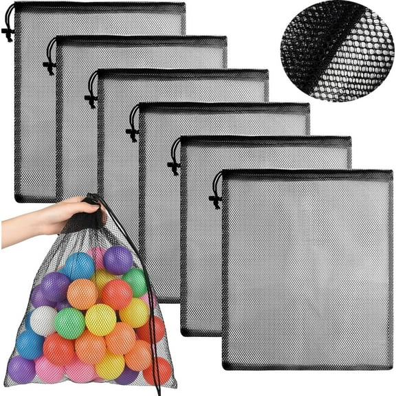 Tutuviw 6 Pcs Nylon Mesh Bags Drawstring Nylon Gym Bag with Cord Lock Closure 14x16 in Drawstring Mesh Bags Mesh Stuff Sack Bag for Beach Toy Ball Camping Clothing (Black)
