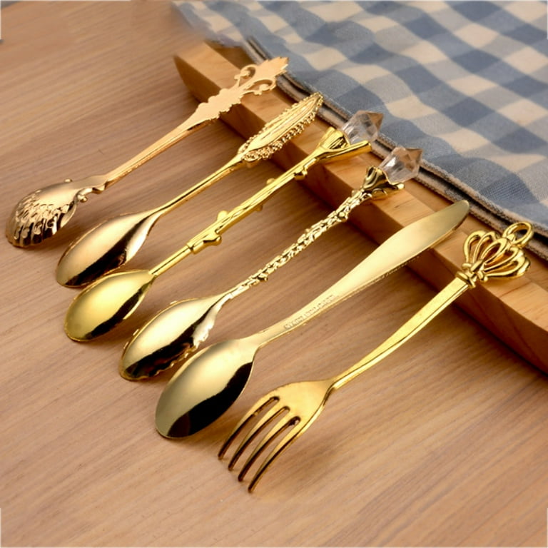 Wood Handle Silverware Flatware,Gold Silver Dinner Spoons, Knife And Fork  Set Fruit Fork Stir Small Spoon Tableware