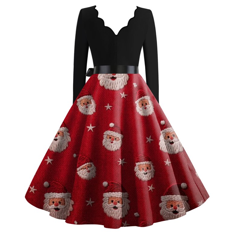 Women's Casual Fashion Christmas Holiday Print V-neck Vintage Dress for  Retro Style and Party Occasions, Comfortable Women's Long Sleeve Holiday  Dress,Watermelon Red,M - Walmart.com
