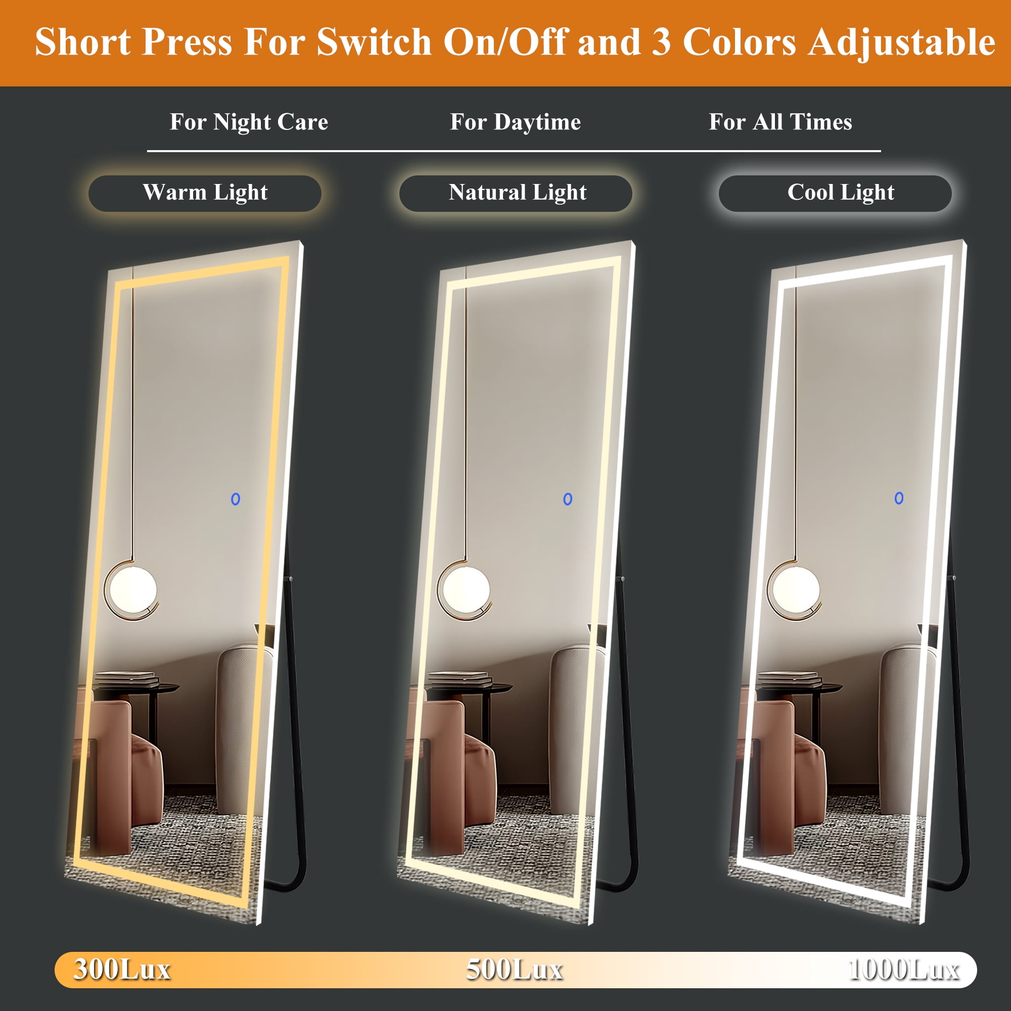 63"x16" LED Floor Mirror Aluminum Alloy Frame Right Angle Full Length Mirror with Bracket,Slive