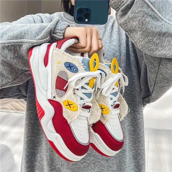 Men's Trendy Star Pattern Low-Top Sneakers - White & Red Design with Colorful Accents, Thick Sole Casual Sneakers, Lace-Up Closure, Comfortable EVA Insole, Synthetic Upper Material