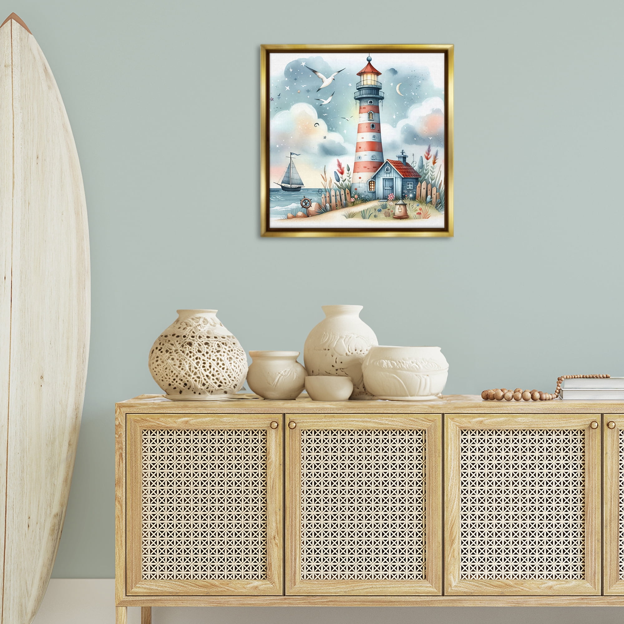 Stupell Industries Fun Maritime Lighthouse Nautical & Beach Painting Gold Floater Framed Canvas Art Print Wall Art, 25 x 25