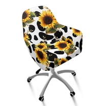 Whosucclay Sunflower Cow Print Curved Back Dining Chair Covers, Stretch Dining Room Chairs Slipcover with Arms, Dining Chair Slipcovers, Spandex Cover Chair for Vanity