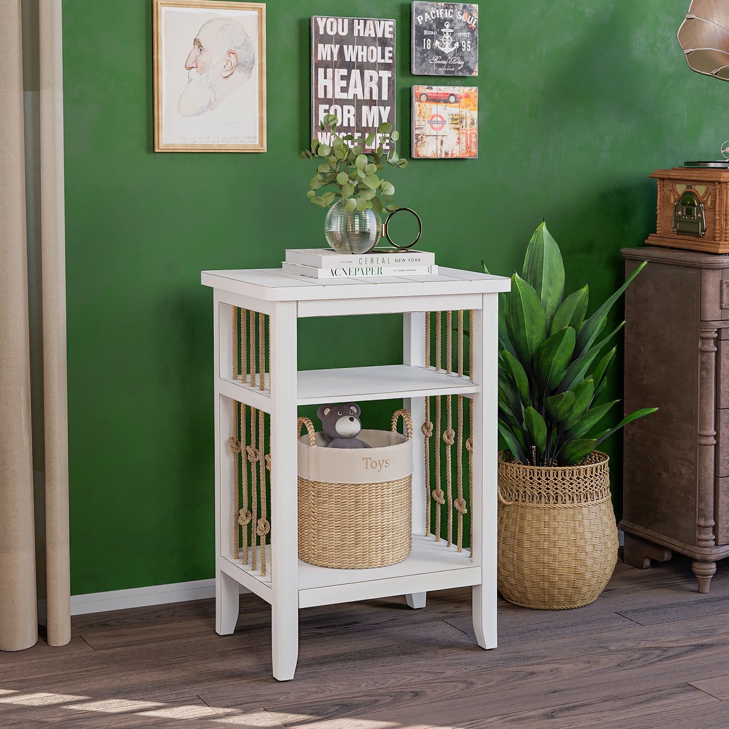 COSIEST White Farmhouse Nightstand Rustic 3Tier End Table MDF Side
