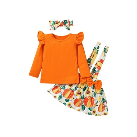 

Gureui Toddler Baby Girls Halloween Christmas Outfit Pumpkin Plaid Ruffles Sleeve Shirt Tops Suspender Skirt Clothes Set